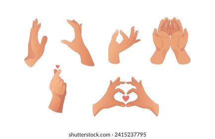 Handgesten. Cartoon menschliche Handflächen und Handgelenk. Emoji für Boten. Finger Herz. Alles Gute zum Valentinstag! Hand, die Liebe darstellt. Illustration im realistischen Stil.