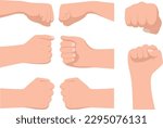 Set of hand gestures in cartoon style. Vector illustration of various greeting hand gestures: friendly fist bump, victory clenched fist isolated on white background. Greeting each other.
