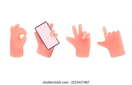 set of hand gestures in cartoon style 3d render. Vector illustration isolated background