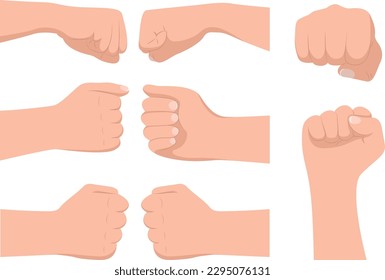 Gestos de mano en estilo de dibujos animados. Ilustración vectorial de varios gestos de mano de saludo: simpático golpe de puño, victoria apretado puño aislado en fondo blanco. Saludándose mutuamente.