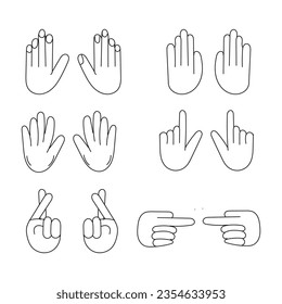 Set of hand gestures cartoon vector illustration. Human palm with fingers in different positions, showing numbers, direction, symbols and signs. Pose, gesturing, signal, hand waving concept