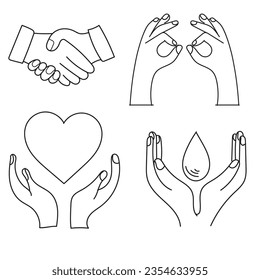 Set of hand gestures cartoon vector illustration. Human palm with fingers in different positions, showing numbers, direction, symbols and signs. Pose, gesturing, signal, hand waving concept