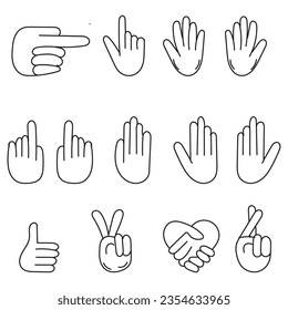 Conjunto de gestos de mano ilustración vectorial de dibujos animados. La palma humana con los dedos en diferentes posiciones, mostrando números, dirección, símbolos y signos. Presión, gesto, señal, concepto de ondulación manual