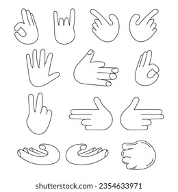 Set of hand gestures cartoon vector illustration. Human palm with fingers in different positions, showing numbers, direction, symbols and signs. Pose, gesturing, signal, hand waving concept