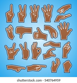 A set of hand gestures. Carved from a dark paper. Vector illustration