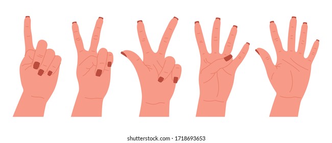Set of hand gestures characters. Various hand icons with fingers. Counting, bending your fingers. Hand drawn colorful trendy vector illustration. Cartoon style flat design. All elements are isolated.