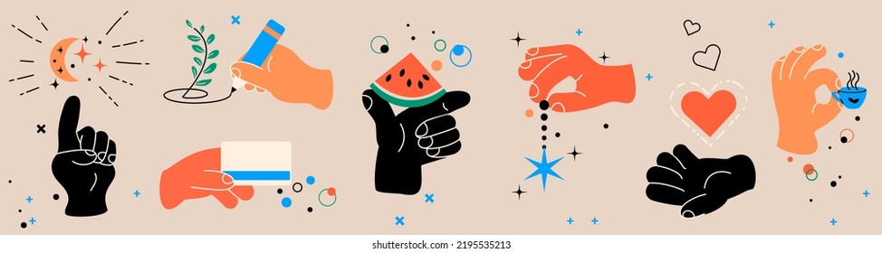 A set of hand gestures. Colored hands holding pencil, heart, crescent, star, cup, credit card