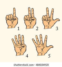 Set of hand gestures count 1 2 3 4 and 5, pop art retro vector illustration. One two three four five