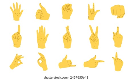 A set of hand gestures demonstrating different emotions. A set of reactions for different situations. Signs conveying mood for social media. Language of the deaf and dumb. Vector illustration