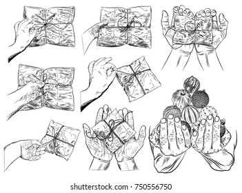 Set of hand gestures. Female hand opening christmas or valentines day gift wrap box, top view. Human open hands holding or giving gift box. Woman's hands unties to keep toys. Vector.