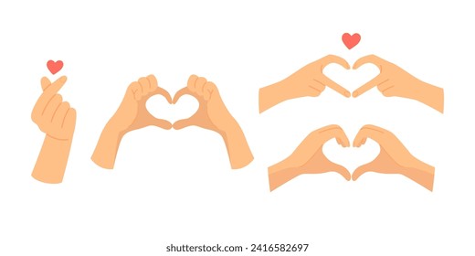 Set of hand gestures of finger heart. Love symbol and hand sign for love. Valentine's day cartoon vector illustrations isolated on white background