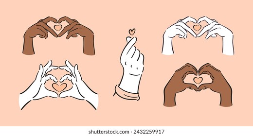 Set of hand gestures. Finger Heart. Happy Valentines Day. gesture depicting love. Vector illustration in a sketchy minimalistic style. For posters, postcards, website, banners, design. Peach Fuzz.