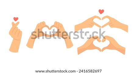 Set of hand gestures of finger heart. Love symbol and hand sign for love. Valentine's day cartoon vector illustrations isolated on white background