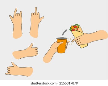 a set with hand gestures and food.