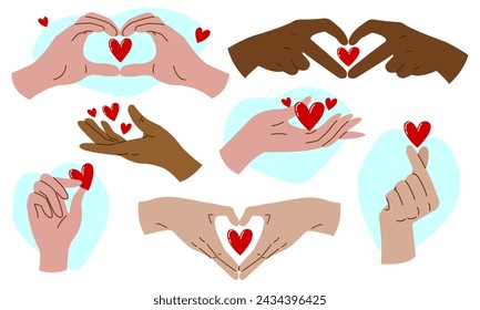 A set of hand gestures giving the heart. The concept of care, love, charity.