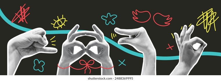 Set of hand gestures in halftone style. Sign, symbol. Elements, figures. Scribble. Vector illustration. Trendy style. Collage torn paper. Retro y2k. Hands. Doodle, hand drawn. Funky punk. Graffiti