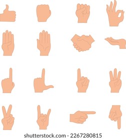 set of hand gestures. Hands poses. hand holding and pointing gestures, fingers crossed, fist, peace and thumb up.