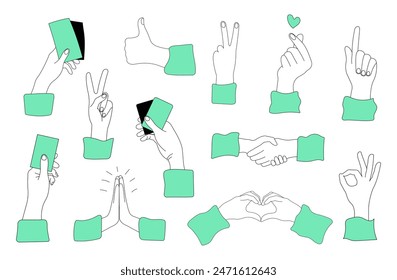 Set of hand gestures high five, ok, peace, prayer, handshake, thumbs up, index finger, hearts. White background. Hand drawn line. Vector illustration