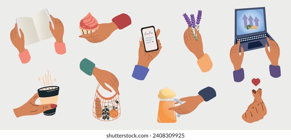 conjunto de gestos de mano con diferentes objetos: cerveza, flor, bolso, libro, teléfono celular, computadora, café. Ilustración del vector