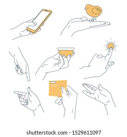 Set of hand gestures, holding various objects, pointing, giving and pressing on things. Palm with fingers in motion from different angles. Graphic flat vector illustrations, white background.