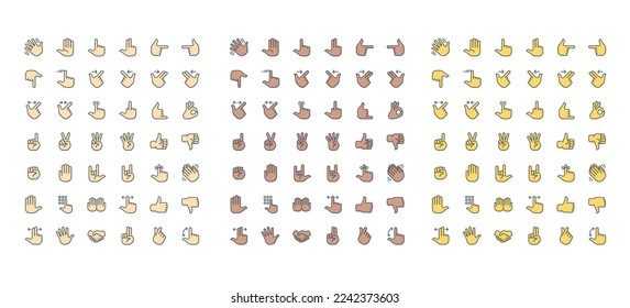 Juego de iconos de gestos manuales. 42 iconos vectoriales en 3 versiones diferentes.