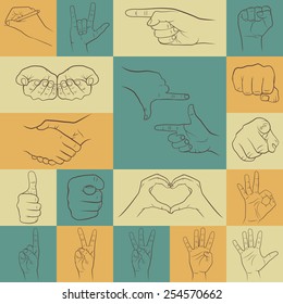 Set of hand gestures icons in different interpretations. Vector illustration. 