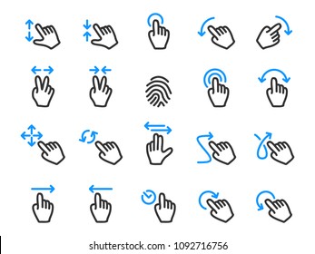 Set Of Hand Gestures Icons For Using In The Touch Sensitive Screen. Vector Collection Includes: Fingerprint, Taps, Double Taps, Swipes, Drags And More.