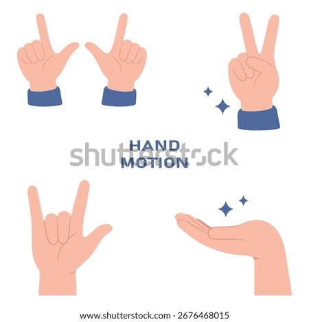 Set of hand gestures including L-shape, peace sign, I love you sign, and open palm. Flat vector illustration of human hands showing symbols and expressions.