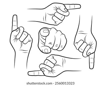 A set of hand gestures, including pointing, indicating direction, and grabbing. Perfect for creating dynamic and expressive illustrations