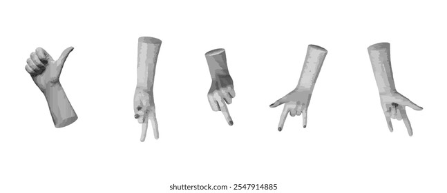 Set of hand gestures, including thumb up, victory sign, and rock horn, isolated in retro halftone dot style. Collection of expressive poses symbolizing communication and body