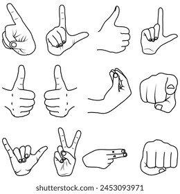 Set of hand gestures line art drawing