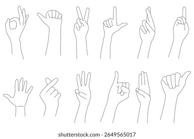 Conjunto de coleção de arte de linha de gestos da mão. Um conjunto abrangente de ilustrações de arte em linha minimalista com vários gestos de mão comuns. Cada gesto é renderizado com um contorno preto limpo.