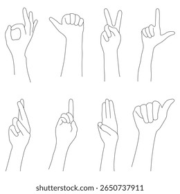 Set of Hand Gestures Line Art Collection. A comprehensive set of minimalist line art illustrations featuring various common hand gestures. Each gesture is rendered with a clean black outline.
