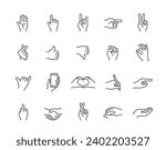 Set of hand gestures linear icons. Palms show thumbs up, ok, fist, heart, peace and love. Design for application. Handshake and writing. Line art flat vector collection isolated on white background