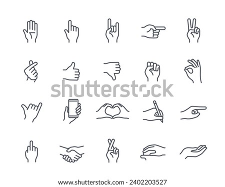 Set of hand gestures linear icons. Palms show thumbs up, ok, fist, heart, peace and love. Design for application. Handshake and writing. Line art flat vector collection isolated on white background