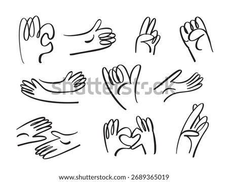 Set of hand gestures linear icons. Palms show thumbs up, ok, fist, heart, peace and love. Design for application. Handshake and writing. Line art flat vector collection isolated on white background
