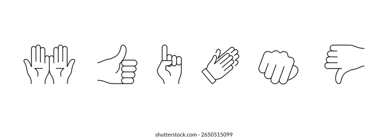 Set von Handgesten gefütterte Symbolsammlung. Händeklatschen, Hörner, Daumen hoch Finger, helfendes Handsymbol.