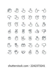 Set von Hand Gestures Umrisssymbole. 42 Vektorsymbole.