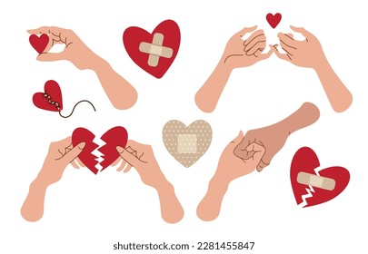 Conjunto de gestos de mano. El corazón rojizo roto en las manos. El concepto de reconciliación, restauración del amor. Ilustración vectorial, hermosa impresión 