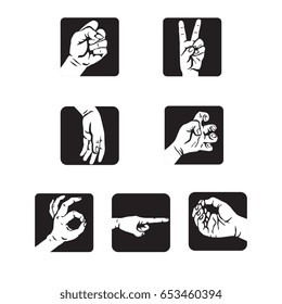 Set of hand gestures. Seven isolated black and white vector icons. Rounded square shapes.