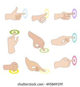 Set of hand gestures with showing direction of movement of fingers. Hand signs (press, push, sliding, click, touch). Flat icons. Vector illustration isolated on white background.