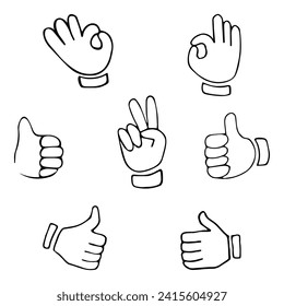 Set of hand gestures showing positive emotions: V sign for victory or peace, hand showing ok, thumb up, like. Hand drawn vector doodles in line style, sketch style.