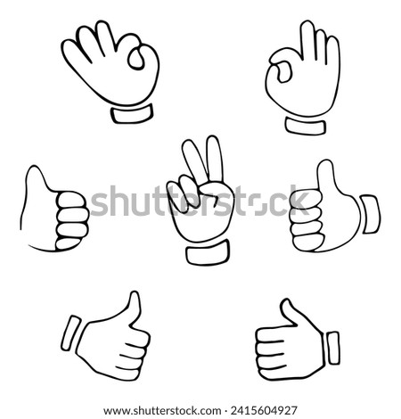 Set of hand gestures showing positive emotions: V sign for victory or peace, hand showing ok, thumb up, like. Hand drawn vector doodles in line style, sketch style.