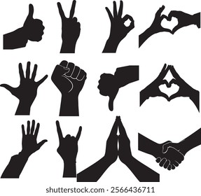 set of hand gestures silhouettes. Human hands signs, okay, peace, heart, call sign. gestures flat vector illustration set. Hands signs vector