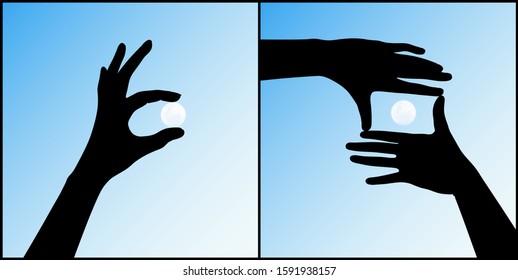 Set of hand gestures silhouettes on blue background. Moon in framing hands, hand holding planet satellite. Vector illustration with isolated elements for design
