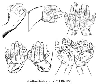 Set of hand gestures sketch. Two open  hands showing protecting, praying, gesture. Empty hand holding. Pair of hands with exposed palm, request or donation giving, holding or pulling, begging. Vector.