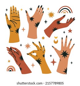 Set of hand gestures with spiritual symbols. Mystical hand drawn vector illustrations. 