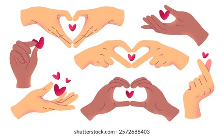 A set of hand gestures that give the heart. A design element for the concept of love, care, charity.