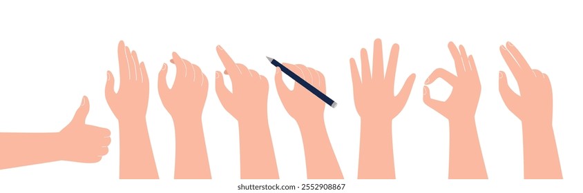 Set of hand gestures in various positions, vector illustration, on a white background vector illustration	

