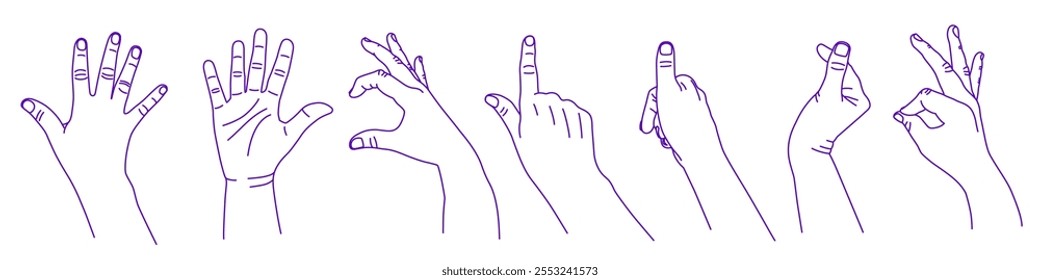 Conjunto de gestos de la mano en varias posiciones. Palma abierta recta, el dedo presionando algo, signo del corazón, ok. Ilustración vectorial de contorno. Índice, medio, anillo, dedos meñiques y pulgar